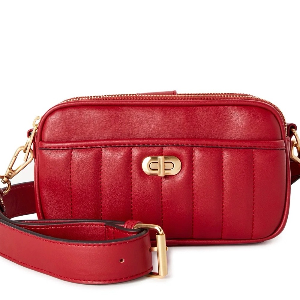 Red Quilted Crossbody Bag with Gold Accent